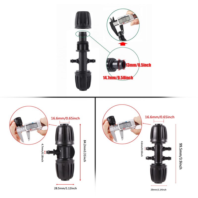 FOGWOWO 40 Pcs Barbed Tee 1/2 Inch to 1/4 Inch Drip Irrigation Fittings Kit for (1/2'' ID x 0.60''-0.63'' OD) 16mm Irrigation Tubing Anti-Drop Barbed Connectors 8 Tee,8 Four-way,4 Six- way,20 End Caps - Image 2